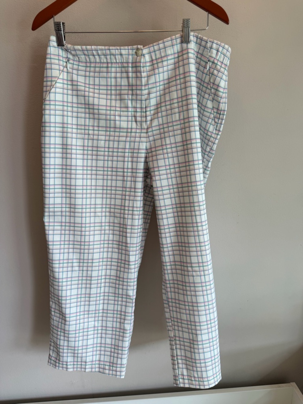 Bolle Womens Plaid Golf Pants White Pink Green Blue Check Cropped Size 12